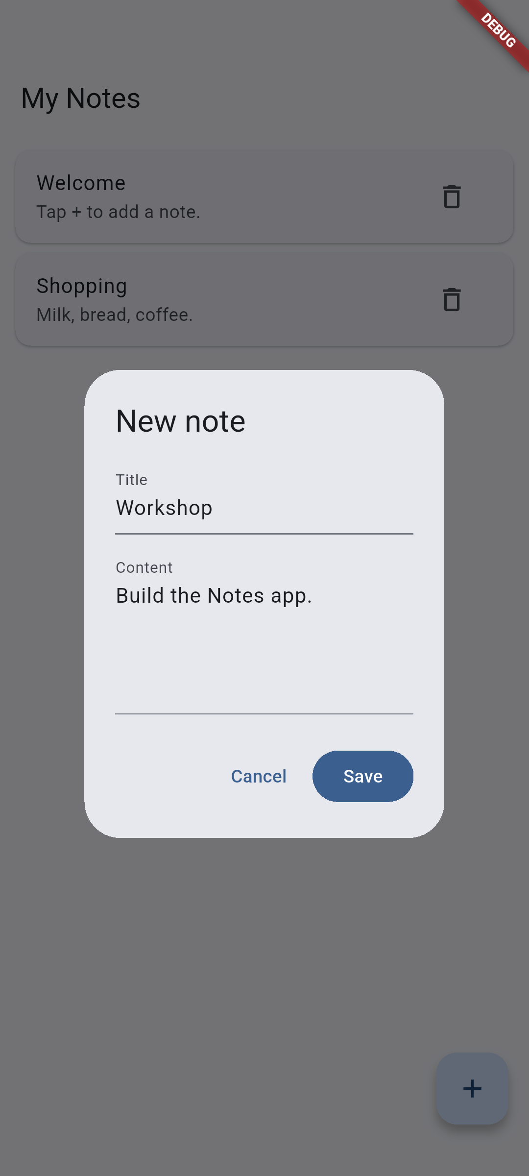 Flutter: Enter a title and content, then save the new note.