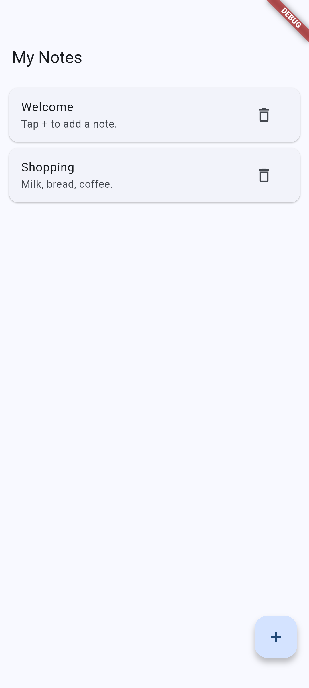 Flutter: Two initial notes: Welcome and Shopping.