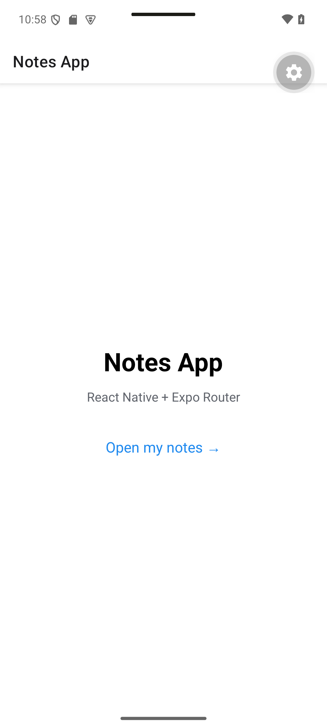 React Native: The Home screen offers one action: Open my notes.