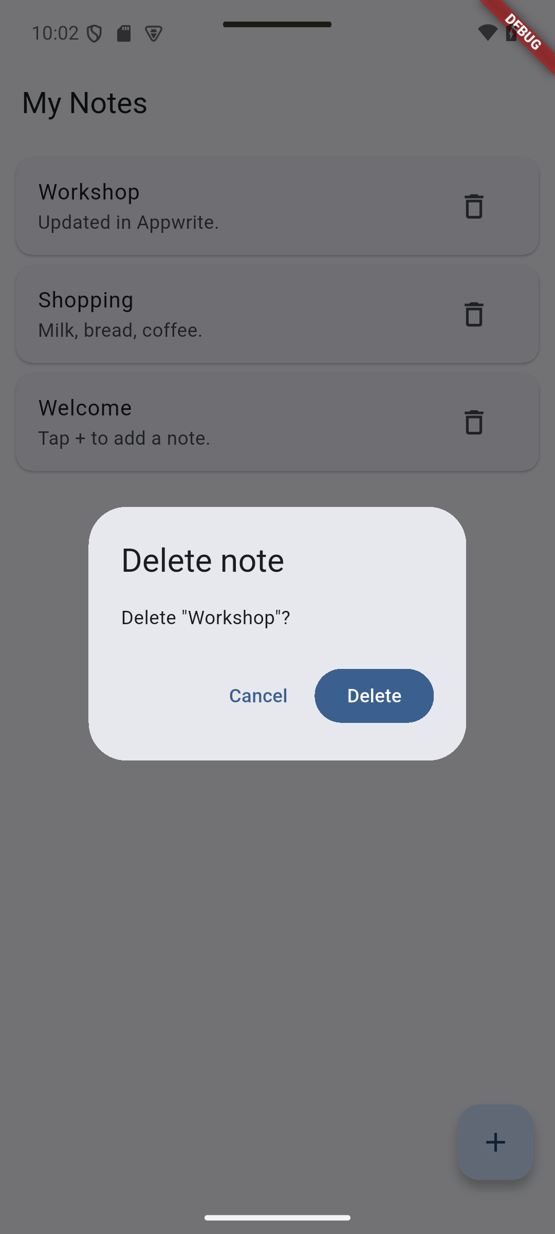 Flutter: Deleting Workshop first asks for confirmation; Cancel keeps the note.