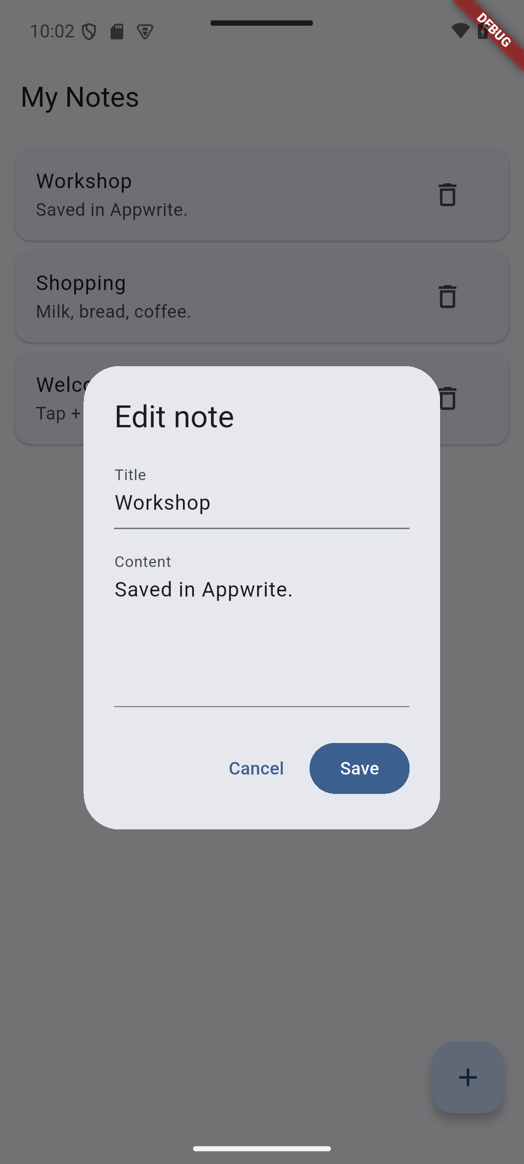 Flutter: Tapping Workshop opens the existing title and content for editing.