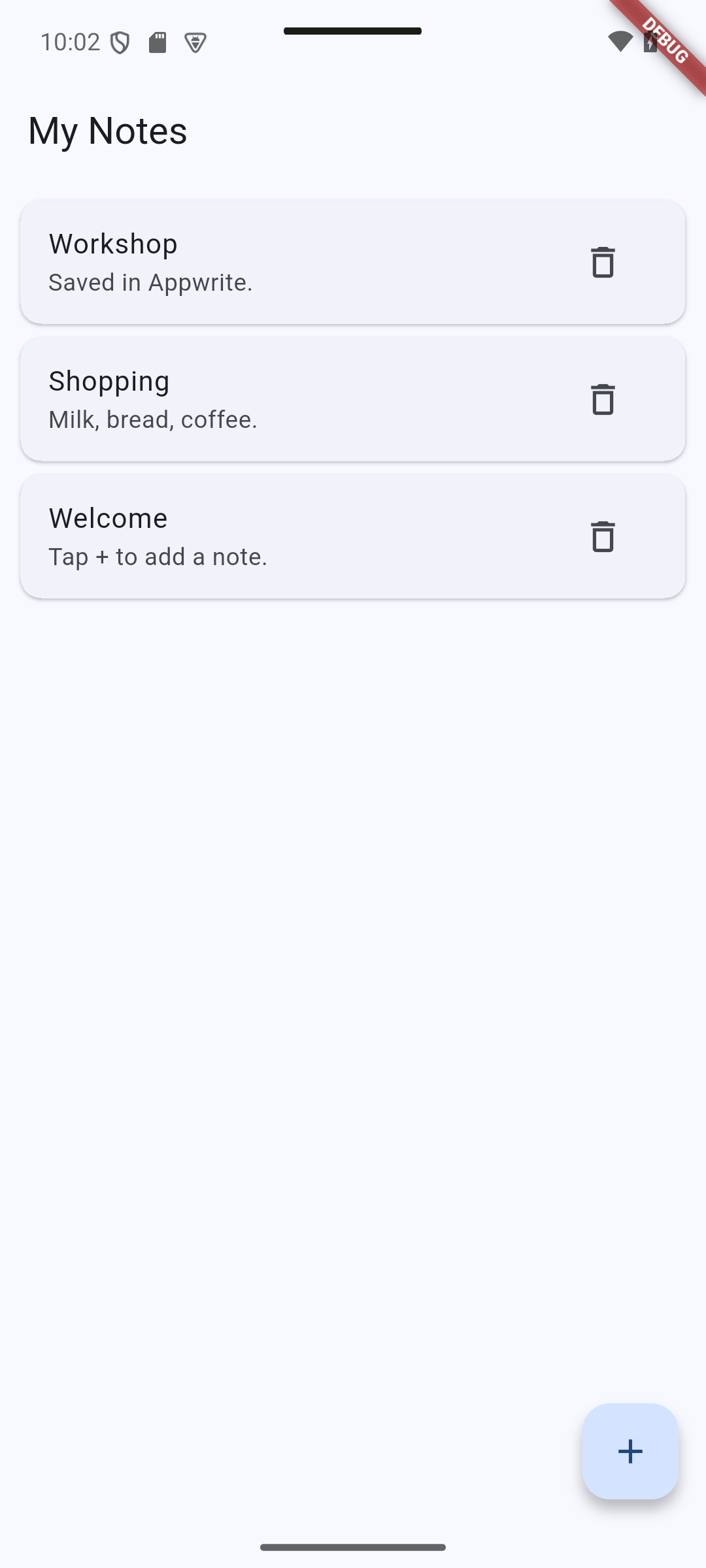 Flutter: The successfully saved Workshop note appears in the list.