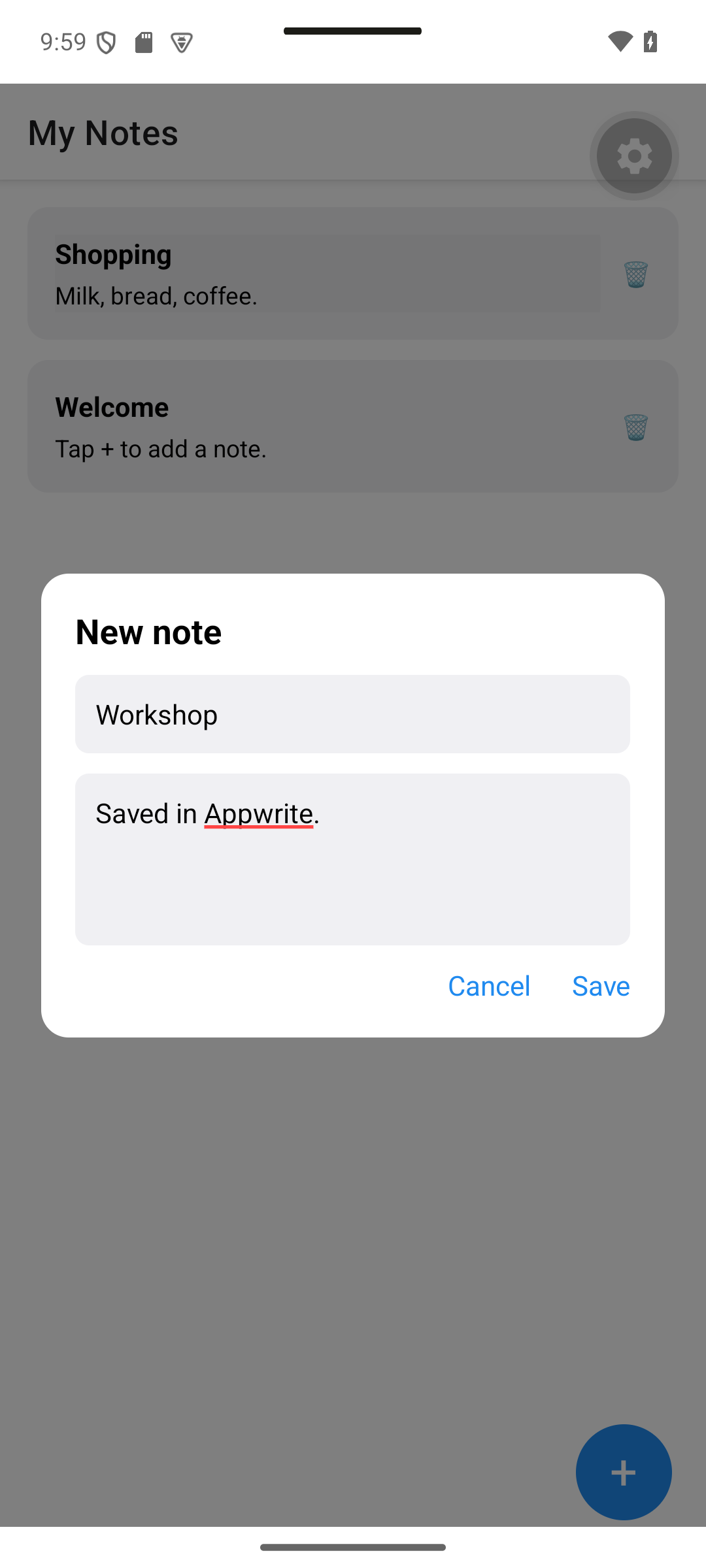 React Native: Enter Workshop and Saved in Appwrite. before saving.