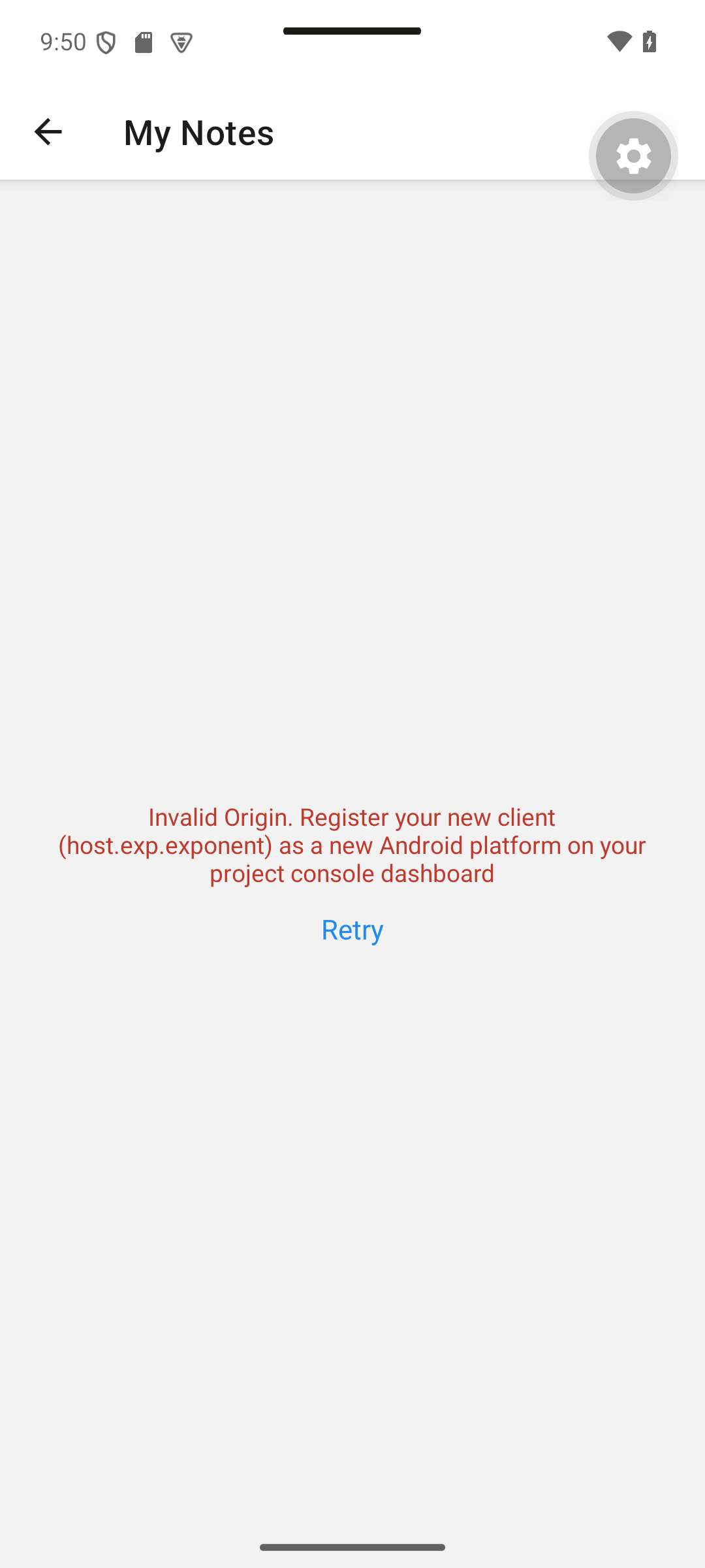 React Native: An unregistered Android platform produces an Invalid Origin error and a Retry action.