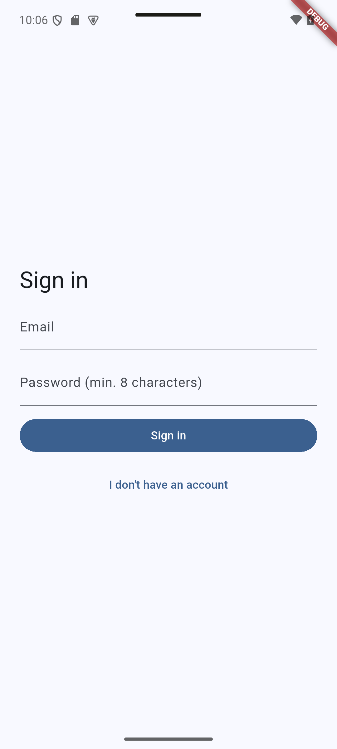 Flutter: Signed-out users see the email/password form.