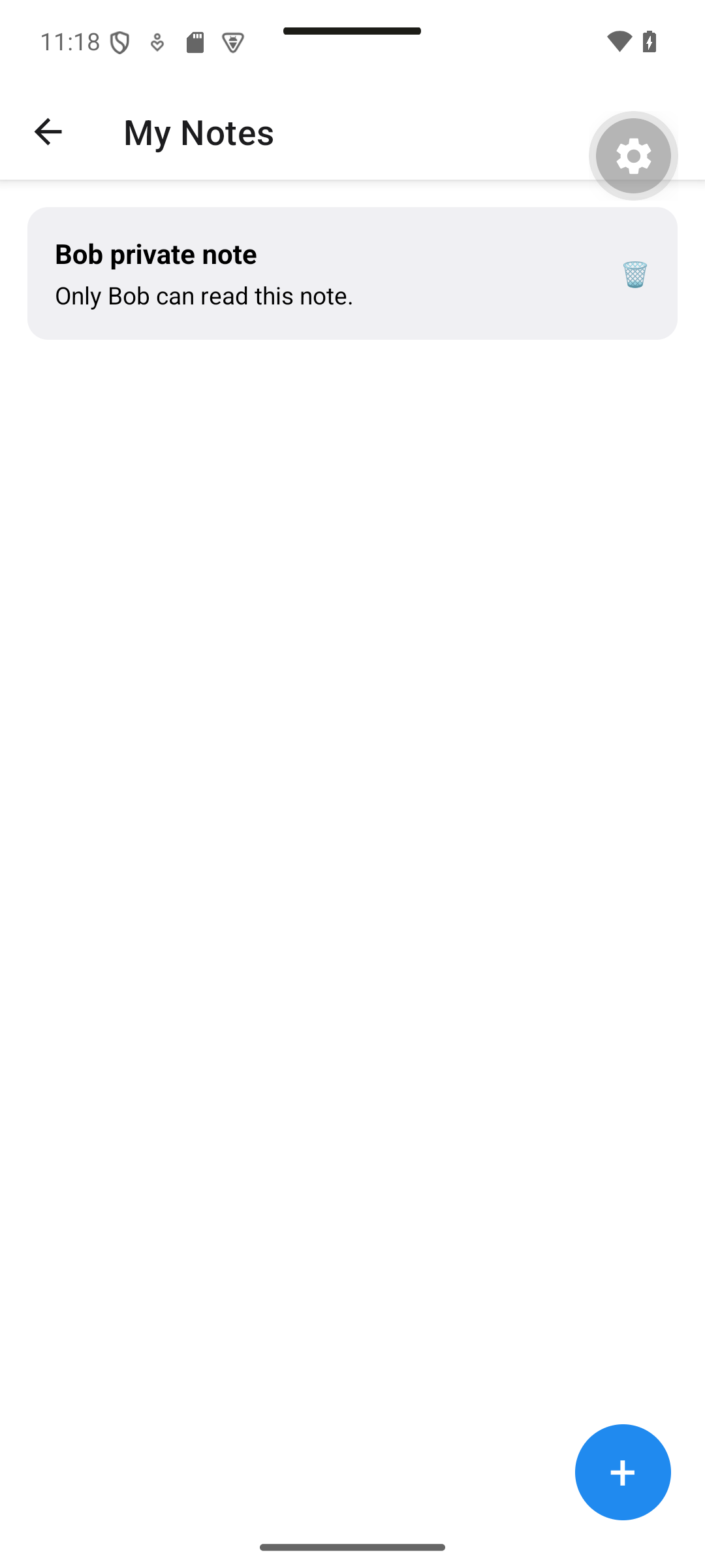 React Native: After switching accounts, Bob sees Bob private note and no Alice note.