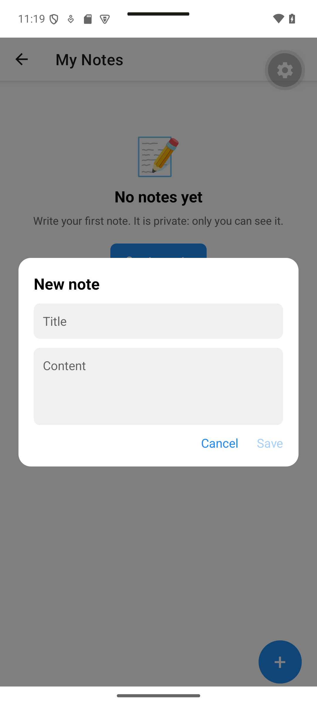 React Native: Create a note opens the same creation form from the empty state.